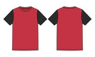 Two tone Red, Black Color Regular fit short Sleeve basic T shirt Technical Fashion Flat sketch Vector Illustration Template Front, back views. Apparel design Mock up drawing illustration.