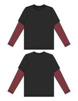 Long sleeve t shirt technical fashion flat sketch vector illustration template front and back views isolated on white background. Cotton jersey apparel design black color mock up. Easy editable.