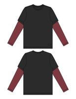 Long sleeve t shirt technical fashion flat sketch vector illustration template front and back views isolated on white background. Cotton jersey apparel design black color mock up. Easy editable.