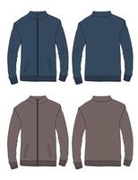 Slim fit with Long sleeve and zipper jacket overall fashion technical flat sketch vector template in windcheater front and back view. Apparel Jacket Flat drawing vector Navy Blue, Khaki Color mock up