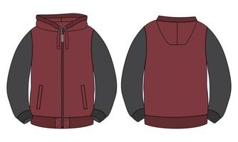 Two tone Red and black Color hoodie Technical Fashion flat sketch Vector illustration template front and back views isolated on white background.