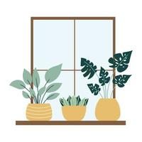 Houseplants are on the windowsill. Indoor plants near the window. Vector illustration in a flat style.