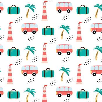 summer pattern. Pattern with a bus of palm trees and a suitcase. Vector pattern in a hand-drawn style.