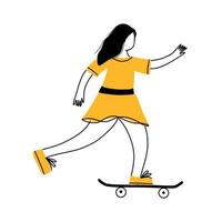 mujer joven montando una ilustración de vector de patineta. estilo garabato. la niña monta una patineta y hace trucos en una tabla larga. estilo de vida activo, concepto de deporte extremo.