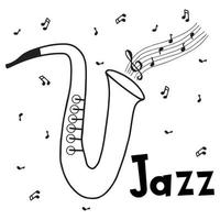 Musical saxophone handmade. Doodle sketch style. Line drawing simple icon of jazz saxophone. Jazz music poster.Isolated vector illustration.