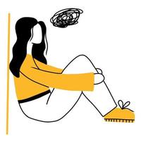 Depressed woman with confused thoughts in her head. A young sad girl sits and is unhappy, hugging her knees. Depression concept.Vector illustration in doodle style. vector