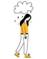 Depressed woman with confused thoughts in her head. Young sad girl. Depression concept. Vector illustration in doodle style.