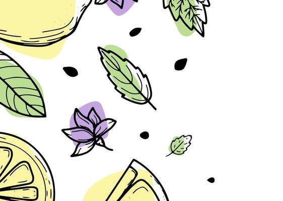 Beautiful background with lemons, flowers, leave. Hand-drawn vector illustration of fruits. Banner in the style of engraving. Vintage citrus and botanical design. For poster, prints, wallpaper, covers