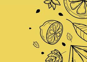 Beautiful background with lemons, flowers, leave. Hand-drawn vector illustration of fruits. Banner in the style of engraving. Vintage citrus and botanical design. For poster, prints, wallpaper, covers