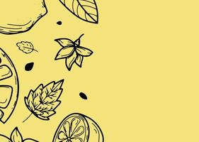 hermoso fondo con limones, flores, licencia. ilustración vectorial dibujada a mano de frutas. banner en el estilo de grabado. diseño botánico y cítrico vintage. para afiches, impresiones, papel tapiz, portadas vector