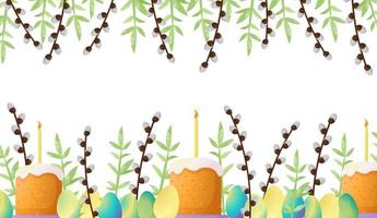 Easter vector background for the design and decoration of a happy Easter holiday. Basket with egg, candles, willow bouquet, foliage, cakes. Easter celebration. Simple cute elements in delicate shades.