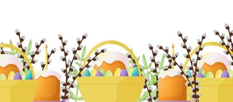 Easter vector background for the design and decoration of a happy Easter holiday. Basket with egg, candles, willow bouquet, foliage, cakes. Easter celebration. Simple cute elements in delicate shades.