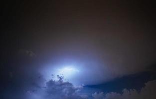 Lightning strike on the cloudy dark sky. Fantastic summer night photo