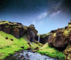 Beautiful waterfall. The starry sky and the Milky Way. Iceland.