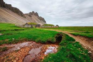 pueblo vikingo tradicional. casas de madera cerca de los abetos de montaña foto