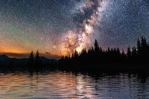 Starry sky over the sea. Fantastic Milky Way. Meteor shower photo