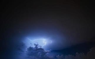 Lightning strike on the cloudy dark sky. Fantastic summer night photo