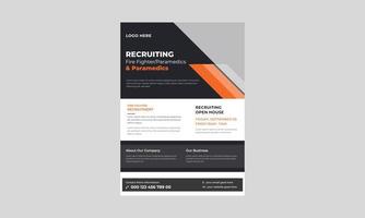 Firefighter recruitment flyer template, Fire safety banner design, Firefighting rescue and protection professional firefighters poster template. vector