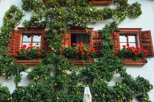 Typical Austrian Alpine house with bright flowers on the balcony photo