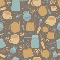 cute Seamless pattern with teacups, teapots. Coffee seamless pattern of coffee cups, makers for cafeteria design vector