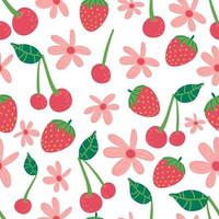 Strawberry flowers cherry seamless vector pattern. Repeating background with summer fruit. Use for fabric, gift wrap, packaging.