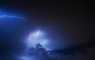 Lightning strike on the cloudy dark sky. Fantastic summer night photo