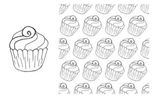 Coloring Cupcake. Set of element and seamless pattern vector