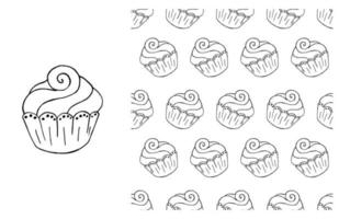 Coloring Cupcake. Set of element and seamless pattern vector