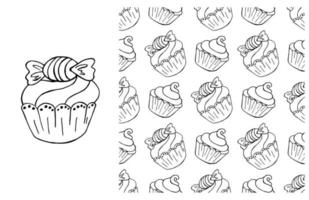 Coloring Cupcake. Set of element and seamless pattern vector