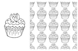 Coloring Cupcake. Set of element and seamless pattern vector