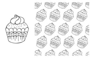 Coloring Cupcake. Set of element and seamless pattern vector