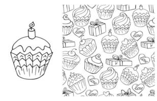 Coloring Cupcake. Set of element and seamless pattern vector