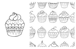 Coloring Cupcake. Set of element and seamless pattern vector