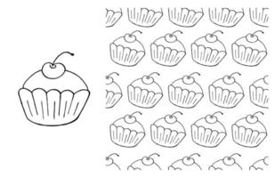 Coloring Cupcake. Set of element and seamless pattern vector