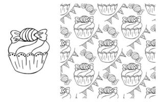 Coloring Cupcake. Set of element and seamless pattern vector