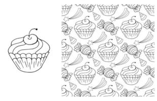 Coloring Cupcake. Set of element and seamless pattern vector