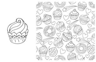 Coloring Cupcake. Set of element and seamless pattern vector