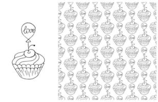 Coloring Cupcake. Set of element and seamless pattern vector