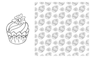Coloring Cupcake. Set of element and seamless pattern vector