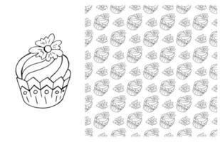 Coloring Cupcake. Set of element and seamless pattern vector