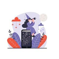 A woman astrologer looking through telescope. Astrological horoscope on mobile phone. The constellation Gemini.  Flat vector illustration.
