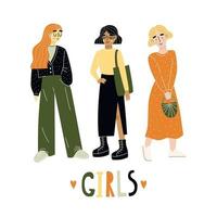 Three young women or girls dressed in trendy clothes standing together. Group of friends. Lettering GIRLS. Hand draw. Female cartoon characters isolated on white background. Vector illustration.