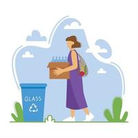 Woman sorting the garbage. Happy young woman care about environment and putting glass rubbish in trash bin dumpster or container. Zero waste concept. Vector illustration.