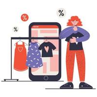 Woman shopping online on mobile phone. Mobile app. Online clothing store. Flat vector illustration.