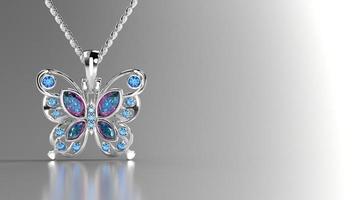 beautiful butterfly pendant 3d render in white gold and alexandrite colored stone photo