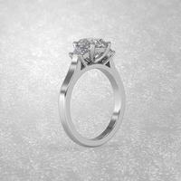 three stone engagement ring standing position in metal gold 3D render photo