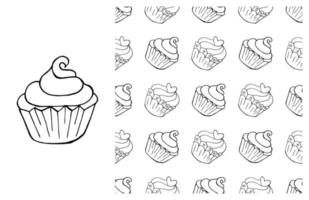 Coloring Cupcake. Set of element and seamless pattern vector