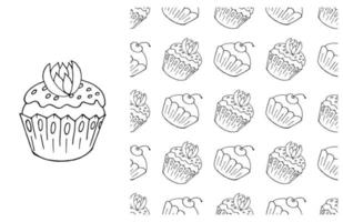 Coloring Cupcake. Set of element and seamless pattern vector