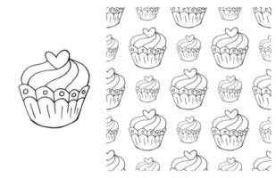 Coloring Cupcake. Set of element and seamless pattern vector