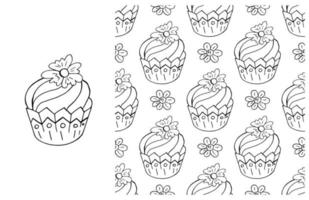 Coloring Cupcake. Set of element and seamless pattern vector